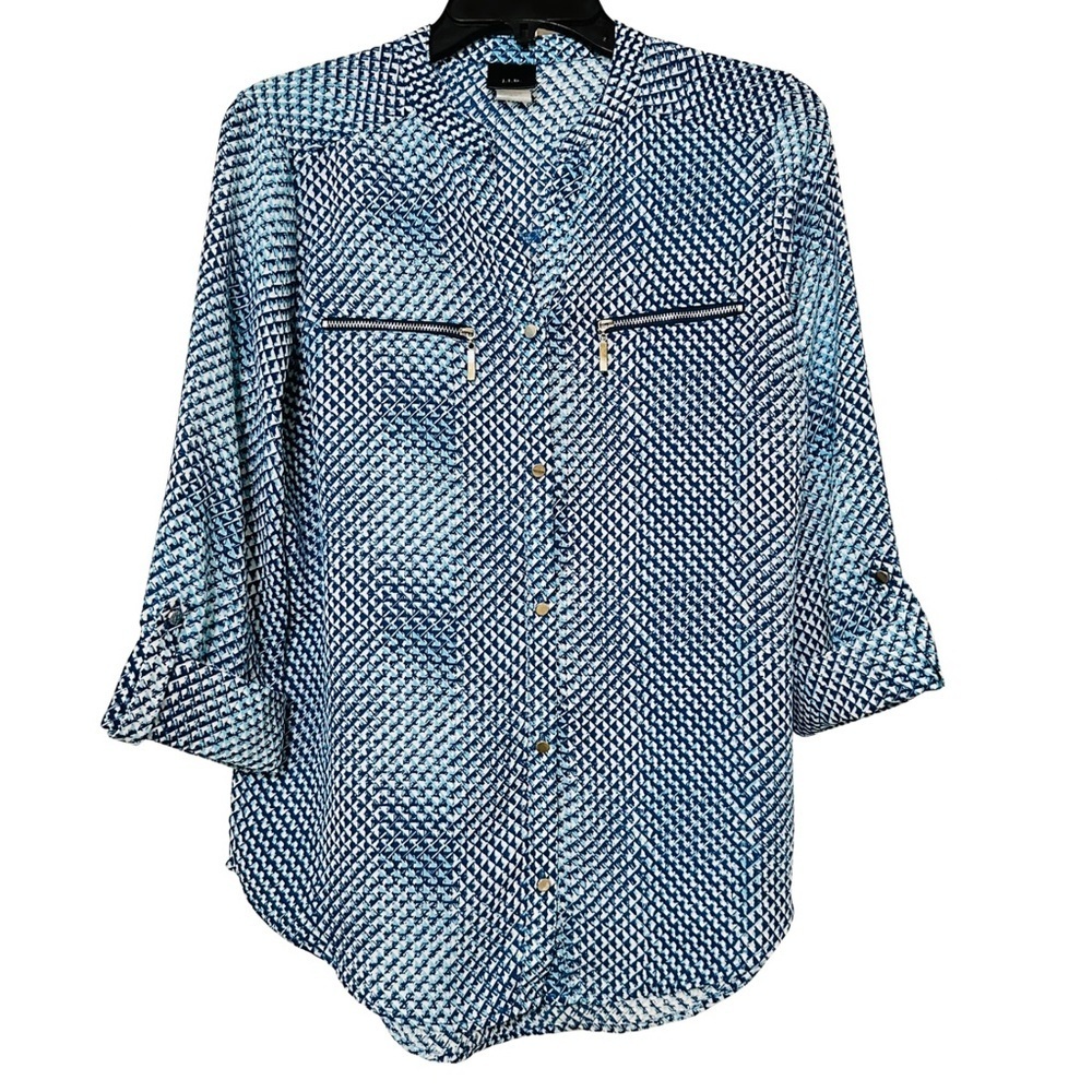 JTB Blue Geometric Print Button Front Blouse Roll Tab Sleeves Sz Medium